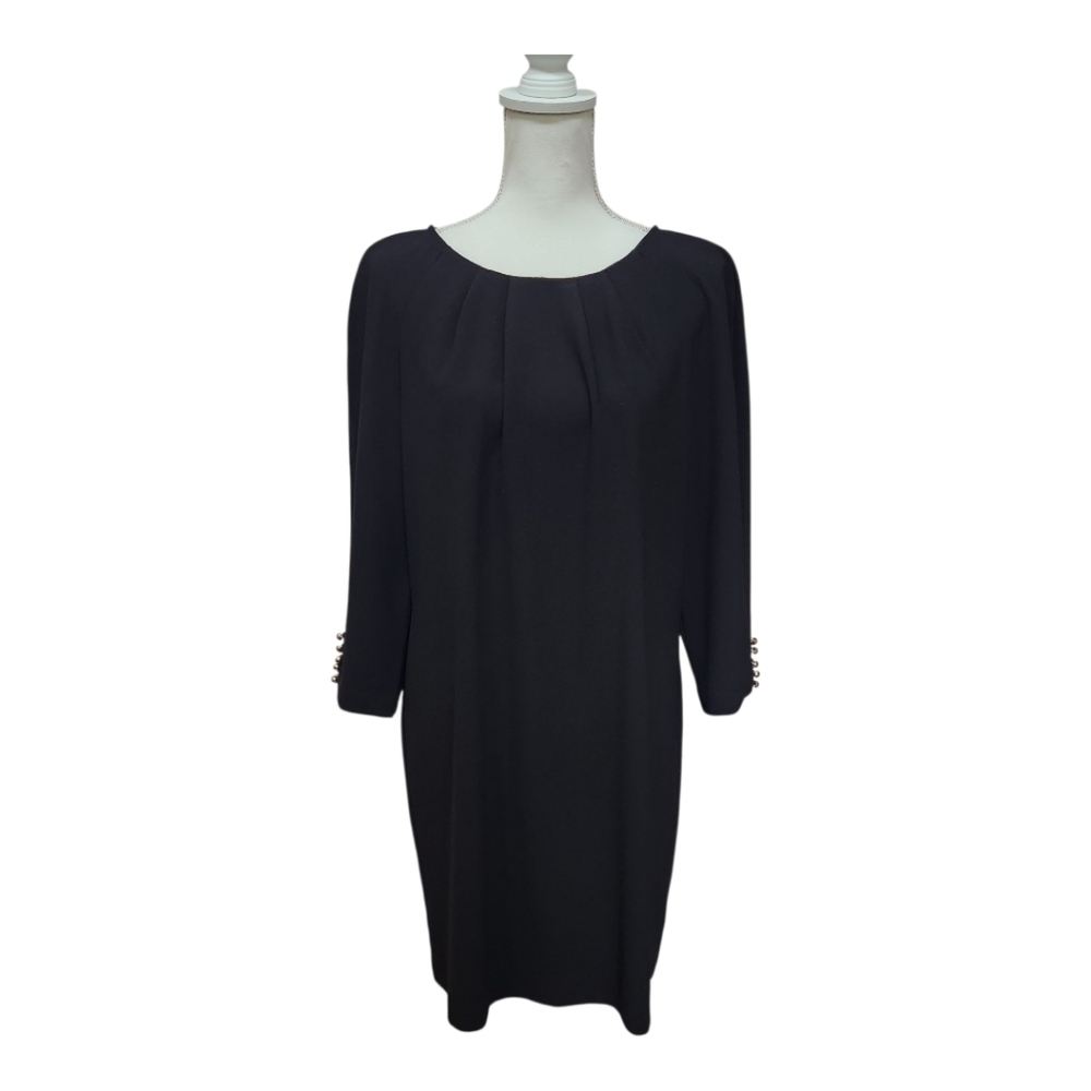 Ann Taylor Textured Black 3/4 Length Above The Knee Round Neck Dress, Size 12